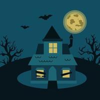 Mysterious house with trees, bats on the background of the moon. Gloomy vector illustration for Halloween.