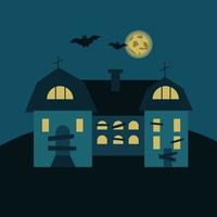 Mysterious house with crosses on the roof, bats on the background of the moon. Gloomy vector illustration for Halloween.