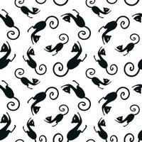 Seamless pattern with a graceful black cat bent its back. Black and white vector endless texture.