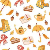 Autumn mood seamless pattern. Traditional autumn symbols decorative backdrop. Foliage, food, warm clothes illustration. Fall season attributes texture. Cozy Autumn. Vector illustration