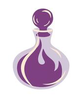 Vial of magical potion. Corked bottle of mysterious purple liquid. Flask with magic potion for print, web, mobile and infographics. Valentine's day or Halloween concept. Vector cartoon illustration.