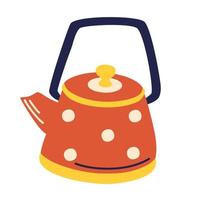 Vintage red teapot with polka dots. Kitchen kettle. Trendy flat vector concept of steaming boiling kettle for web, app, dishes shop decor. Vector illustration isolated on a white background.