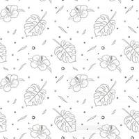 Line Art Tropical Flowers and Monstera Leaves Seamless Pattern vector