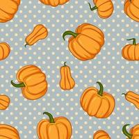 Autumn seamless pattern with orange pumpkins on dot background. vector