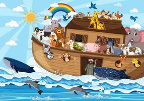 Noah's Ark with animals in the ocean scene vector