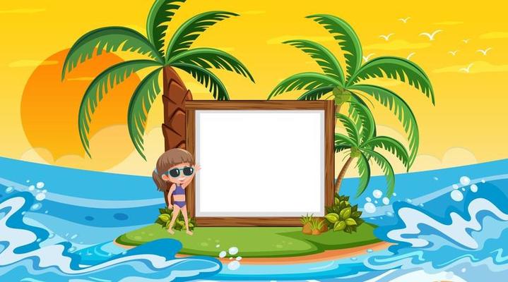 Empty banner template with kids on vacation at the beach sunset scene