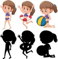 Set of a girl cartoon character in different positions with its silhouette vector