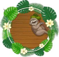 Round green monstera leaves banner template with a sloth cartoon character vector