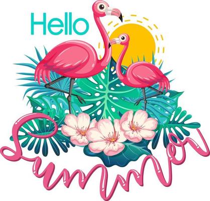 Hello Summer banner with flamingo isolated