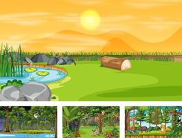 Different nature scenes of forest and rainforest with wild animals vector