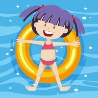 Top view of a girl laying on swimming ring on pool background vector