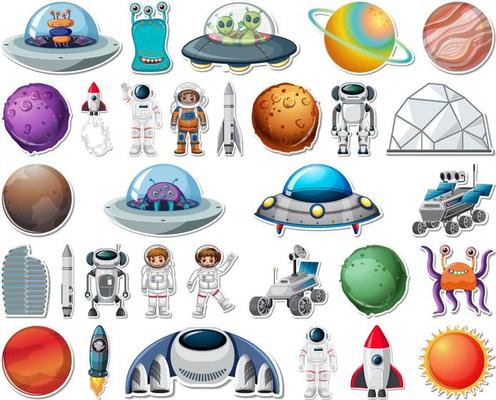 Set of stickers with Solar system objects isolated