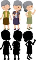 Set of old woman cartoon character with different positions with silhouette vector