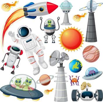 Set of various space objects on white background vector