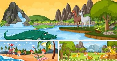 conjunto de diferentes escenas de paisajes panorámicos al aire libre con personaje de dibujos animados vector