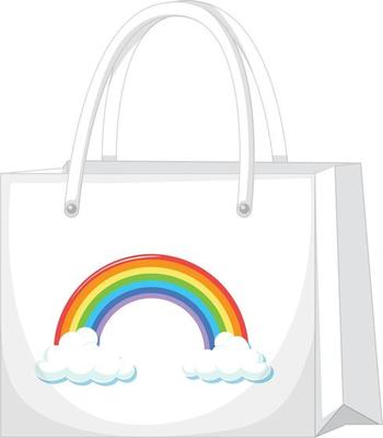 A white handbag with rainbow pattern