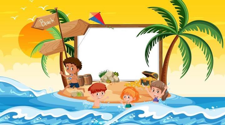 Empty banner template with kids on vacation at the beach sunset scene