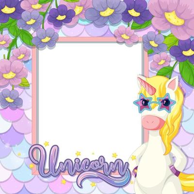 Empty banner with cute unicorn cartoon character on pastel mermaid scales