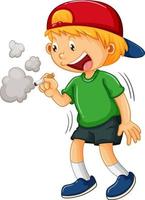 un niño tratando de fumar cigarrillo personaje de dibujos animados sobre fondo blanco