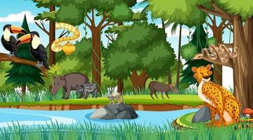 bosque en escena diurna con diferentes animales salvajes. vector