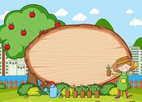 Garden scene with blank wooden board in oval shape with gardener doodle cartoon character vector