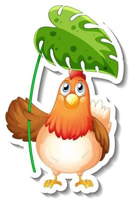 Sticker template with cartoon character of a chicken holding a leaf isolated