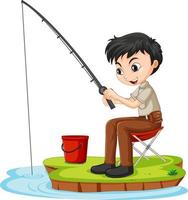un personaje de dibujos animados de niña sentada y pescando sobre fondo blanco vector