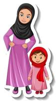 Madre musulmana y su hija pegatina de personaje de dibujos animados sobre fondo blanco. vector