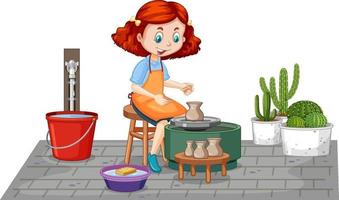 Cartoon character girl making pottery clay on white background