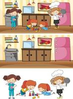 Set of different horizontal kitchen scenes with doodle kids cartoon character vector