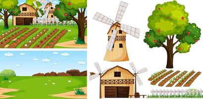 Farm element set isolated with farm scence vector