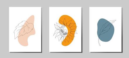 A set of posters of a fashionable modern abstract composition of sunflower and leaves vector