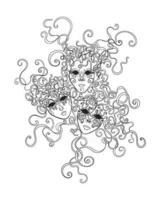 Vector black and white illustration of carnival masks with ribbons on white backdrop