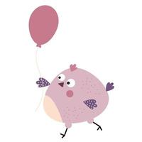 Funny cute bird with a balloon. Decorative fat chick. Vector illustration