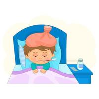 chico lindo enfermo duerme en la cama con un termómetro en la boca y se siente tan mal con fiebre. vector