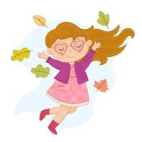 Girl is jumping and throwing autumn leaves up and having autumn mood vector