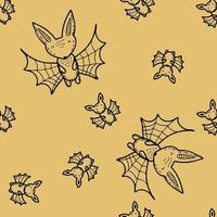 Cartoon style Halloween seamless pattern of big and small bat doodles vector