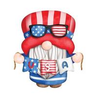 Digital painting watercolor 4th of July element with gnome, Independence day element. vector