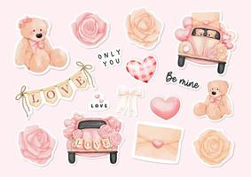 Watercolor Happy Valentine's day Stickers with Teddy bear and Valentine's Elements, Vector illustration.