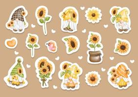 Watercolor sunflower gnomes sticker, planner. Digital painting. vector