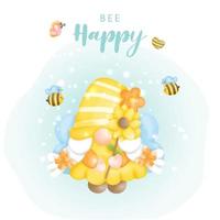 abeja feliz con lindo gnomo y abejas, ilustración de vector de pintura digital.