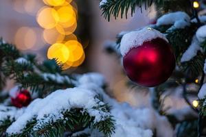 Colorful decorations on snow-covered Christmas tree photo