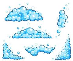 Cartoon Soap Foam Set With Bubbles. Light Blue Suds of Bath, Shampoo, Shaving, Mousse. vector