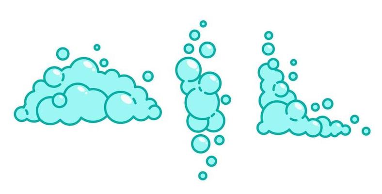 Cartoon soap foam set with bubbles. Light blue suds of bath, shampoo, shaving, mousse.