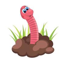 Earth worm coming out of the ground. Green grass. Flat farming and agriculture cartoon illustration. Insects in soil vector