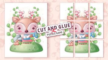 Childish deer with shovel, cut and glue - puzzle game. vector
