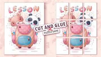 Pig and panda with brief case, cut and glue - puzzle game. vector