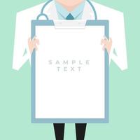 Doctor with lab coat holding a clipboard showing a blank document. vector