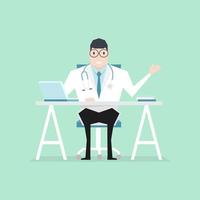 Doctor sat at the desk flat style. Practitioner doctor man in hospital medical office. Consultation and diagnosis. vector