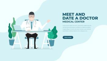 Doctor sat at the desk flat style. Practitioner doctor man in hospital medical office. Consultation and diagnosis. Medical and health care banner. vector